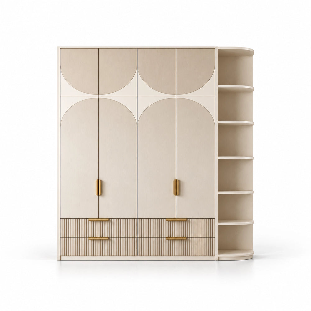 Penekito 4 Door Wardrobe with Drawers shown with a beige cabinet body, rounded side shelves and two fluted lower drawers.