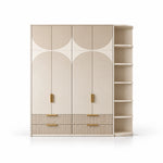 Penekito 4 Door Wardrobe with Drawers shown with a beige cabinet body, rounded side shelves and two fluted lower drawers.