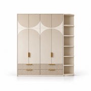 Penekito 4 Door Wardrobe with Drawers shown with a beige cabinet body, rounded side shelves and two fluted lower drawers.