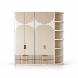 Penekito 4 Door Wardrobe with Drawers shown with a beige cabinet body, rounded side shelves and two fluted lower drawers.