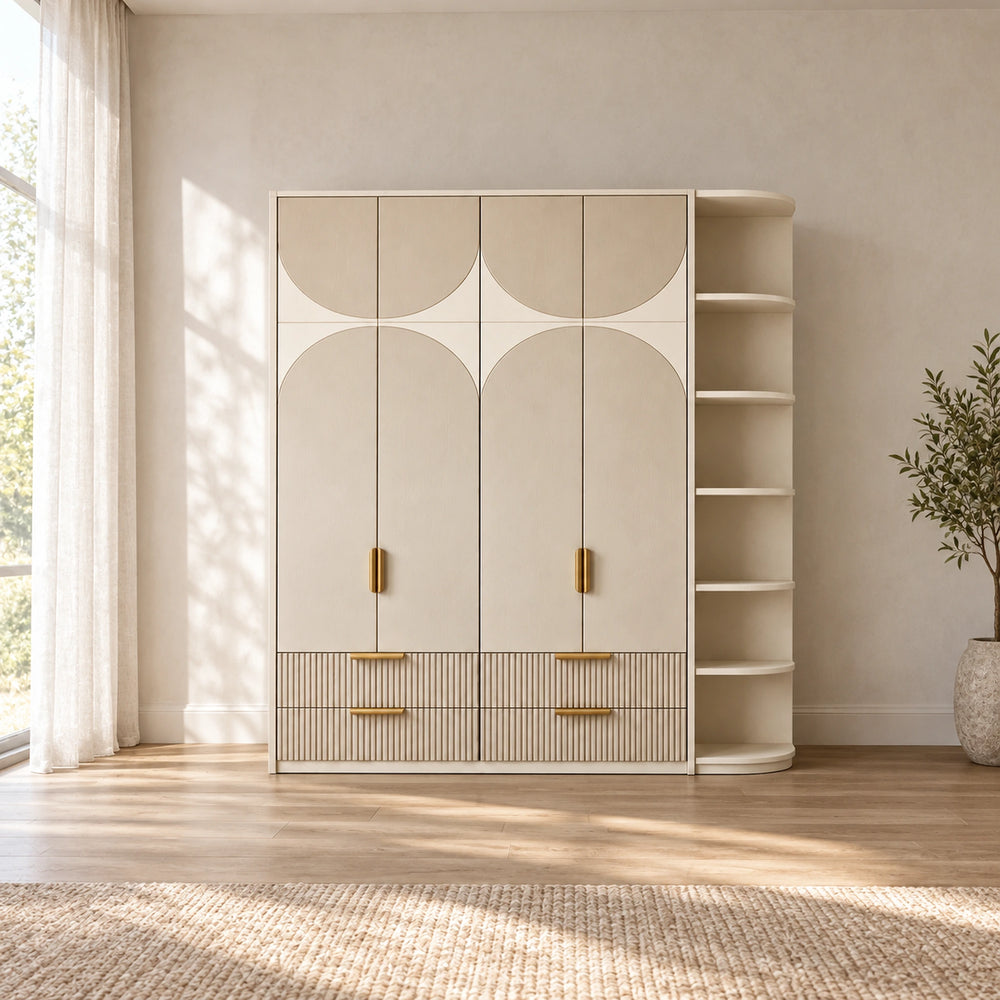 Penekito 4 Door Wardrobe with Drawers brings together rounded side shelves and a beige cabinet body in a sunlit bedroom.