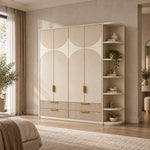 Penekito 4 Door Wardrobe with Drawers, showing a beige cabinet body and vertical brass-tone handles in a sunlit bedroom.