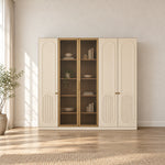 Porteriy 5 Door Wooden Wardrobe in a sunlit bedroom: cream arch-panel doors, tinted display doors and small brass-tone pulls.