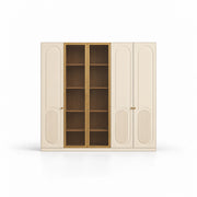 Porteriy 5 Door Wooden Wardrobe, with small brass-tone pulls and a wood-framed glass section against a white backdrop.