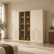 Porteriy 5 Door Wooden Wardrobe brings together cream arch-panel doors and tinted display doors beside a bedroom window.