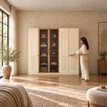 Porteriy 5 Door Wooden Wardrobe, tinted display doors and cream arch-panel doors, with a woman at the front of the wardrobe.