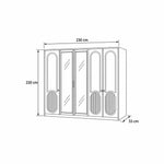 Porteriy 5 Door Wooden Wardrobe diagram showing visible centre shelves, with 230 cm wide, 55 cm deep and 220 cm high.