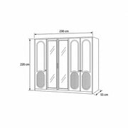 Porteriy 5 Door Wooden Wardrobe diagram showing visible centre shelves, with 230 cm wide, 55 cm deep and 220 cm high.