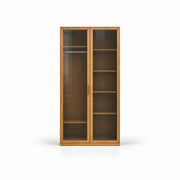 Porteriy 2 Door Wooden Closet Cabinet with a warm wood-look case and visible interior shelves against a white backdrop.