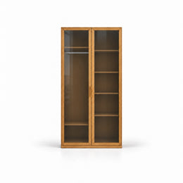 Porteriy 2 Door Wooden Closet Cabinet with a warm wood-look case and visible interior shelves against a white backdrop.