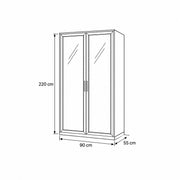 Porteriy 2 Door Wooden Closet Cabinet dimension guide with visible interior shelves and labels of 90 × 55 × 220 cm.