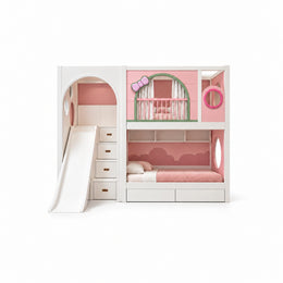 Pow Kids Bunk Bed with Slide and Storage on a white background: drawer stairs, a left-side slide and two sleeping levels.