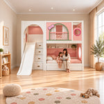 Pow Kids Bunk Bed with Slide and Storage with a woman and child on the bottom bunk; drawer stairs and a left-side slide.
