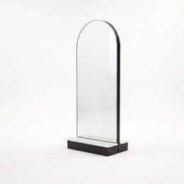 Alternate view of Procenro Black Salon Mirror Station, showing full-length arched mirror and integrated styling shelf.