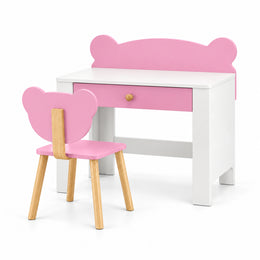 Qasbora Bear Kids Study Desk with Chair shown with a bear-back chair, a white writing top and splayed wooden chair legs.