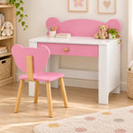 Qasbora Bear Kids Study Desk with Chair, detailed with a single pink drawer and a bear-back chair beside a playroom window.
