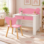 Qasbora Bear Kids Study Desk with Chair brings together a bear-back chair and a white writing top beside a playroom window.