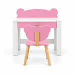 Qasbora Bear Kids Study Desk with Chair, showing splayed wooden chair legs and a single pink drawer viewed from the front.