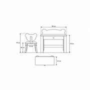 Qasbora Bear Kids Study Desk with Chair drawing with splayed wooden chair legs, labelled 90 cm wide and 55 cm deep.