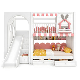 Rabihomy Pink Kids Bunk Bed with Slide & Storage