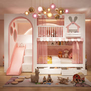 Rabihomy Pink Kids Bunk Bed with Slide & Storage