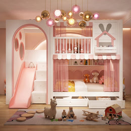 Rabihomy Pink Kids Bunk Bed with Slide & Storage