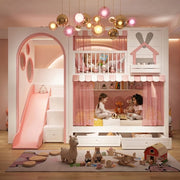 Rabihomy Pink Kids Bunk Bed with Slide & Storage