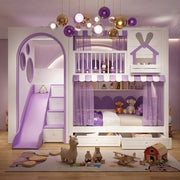 Rabihomy Purple Kids Bunk Bed with Slide, Stairs & Storage