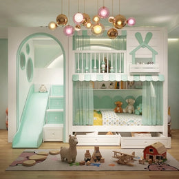 Rabihomy Green Kids Bunk Bed with Slide & Storage