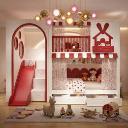 Rabihomy Red Kids Bunk Bed with Slide & Storage