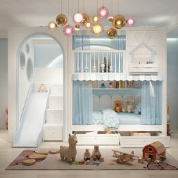 Rabihomy Blue Kids Bunk Bed with Slide & Storage