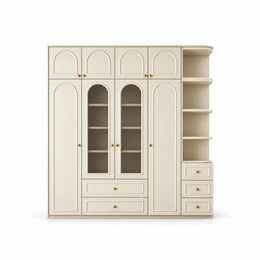 Rakilony 4 Door Wardrobe with Side Shelves shown with cream arch-panel doors, lower storage drawers and upper cupboards.