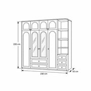 Rakilony 4 Door Wardrobe with Side Shelves: central glass-front shelves in a line drawing marked 230 × 55 × 220 cm.