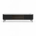 Raveliono White Marble Top TV Unit shown with a white marble top, black fluted side panels and dark glass centre storage.