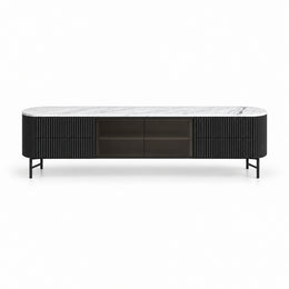 Raveliono White Marble Top TV Unit shown with a white marble top, black fluted side panels and dark glass centre storage.