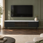 Raveliono White Marble Top TV Unit pairs a white marble top with dark glass centre storage beside living room seating.