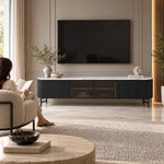 Raveliono White Marble Top TV Unit, a white marble top and rounded ends, with a woman beside the living room media wall.