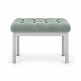 Sage mist green fabric upholstery tops the Rebosy Pedicure Footrest, above deep button tufting and a slim metal front rail.