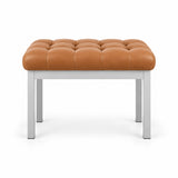 Rebosy Pedicure Footrest displays a caramel tan leather finish, four straight metal legs and a slim metal front rail.