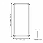Reflectora Black LED Salon Mirror size sketch showing a double-line frame outline; 60 cm wide, 3 cm deep and 140 cm high.