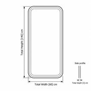Reflectora Black LED Salon Mirror size sketch showing a double-line frame outline; 60 cm wide, 3 cm deep and 140 cm high.