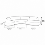 Romensia Grey Curved 5-Seater Sofa dimension guide showing 80 cm deep and 80 cm high for living room layout planning.