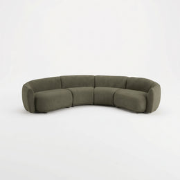 Alternate view of Ronila Olive Green Curved 5-Seater Sofa, showing curved sectional design and deep cushioned seats.