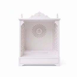 Alternate view of Eshwari Premium White Pooja Mandir with Om Sunburst Motif, showing lower Drawer in a modern home setting.