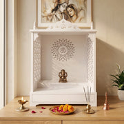 Saanvi Premium White Pooja Mandir with Om Sunburst Motif