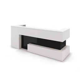 Alternate view of Salondra White & Black Modern Salon Reception Desk, showing spacious countertop and layered front design.