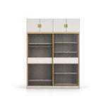 Sazfilora 2 Glass Sliding Door Closet Cabinet shown with brass-tone edging, light middle bands and visible interior shelves.
