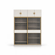 Sazfilora 2 Glass Sliding Door Closet Cabinet shown with brass-tone edging, light middle bands and visible interior shelves.