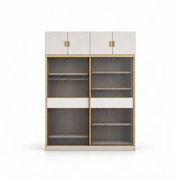 Sazfilora 2 Glass Sliding Door Closet Cabinet shown with brass-tone edging, light middle bands and visible interior shelves.