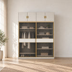 Sazfilora 2 Glass Sliding Door Closet Cabinet, detailed with brass-tone edging and light middle bands in a sunlit bedroom.